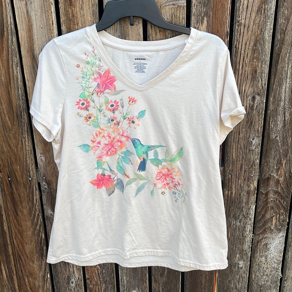 Sonoma Hummingbird Shirt Large Vneck Flowers L Ladies Lilly Floral Short Sleeve